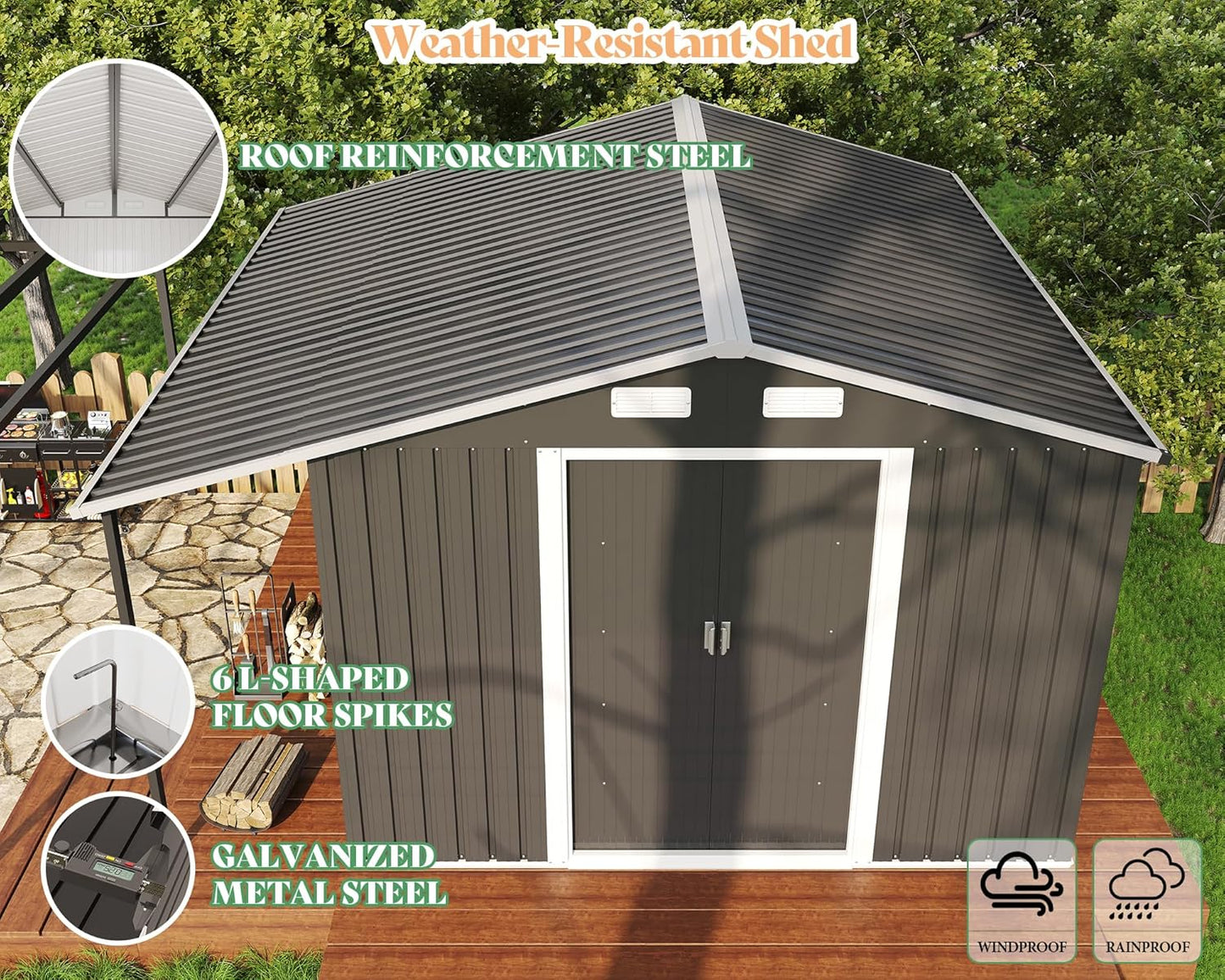 Jocisland 10.6x10.3x6.3 FT Galvanized Metal Storage Shed with Open Firewood Bay, Sliding Doors & Ramp, 2 Windows & Vents, Weather-Resistant Outdoor Tool/Garden Shed, Dark Grey/White
