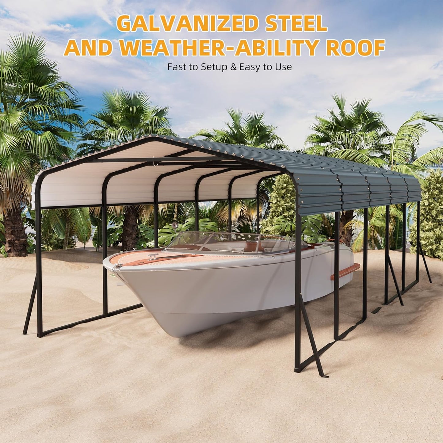 12' x 24' Heavy Duty Metal Carport with Galvanized Steel Roof, Metal Roof Carport with Enhanced Base, Tall Metal Carport Kits Garage for Tractors, Pickup, Boat, Car