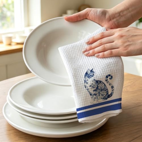 Chinoiserie Cat Kitchen Towel, Porcelain Style Cat Decor Dish Towel - Image 3
