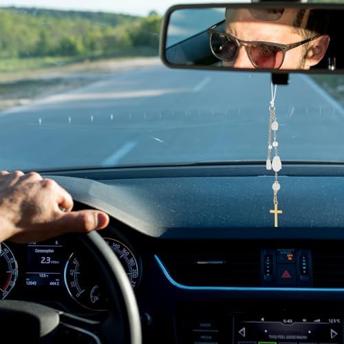 Sibba Natural Jade Cross Car Hanging Ornament, Handmade Car Mirror Cross - Image 4