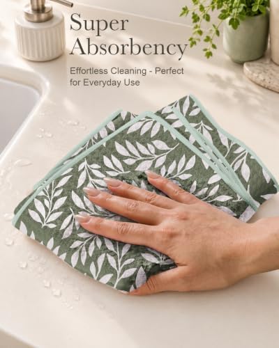 Miss Adola 2pcs Double-Sided Microfiber Kitchen Towels, Grid & Greenery - Image 3