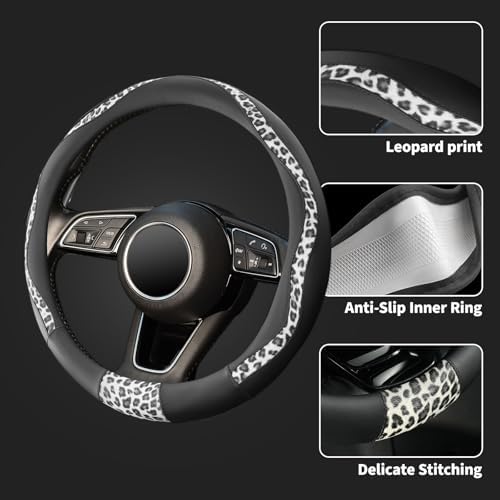 Black Leopard Steering Wheel Cover, Cheetah Print, 14.5-15 inch - Image 4