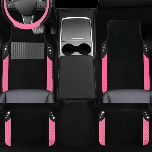 NBTEPEM 10 Pcs Bling Pink Car Floor Mats Set, Leather Pink Steering Wheel - Image 3