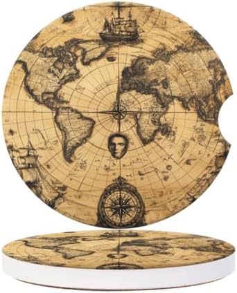 Cup Holder for Car, Rustic Ancient World Map Print Ceramic Coasters Non-Slip by PATBIXES