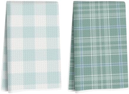 Blue Leaves 2 Pcs Green White Checkered Kitchen Towels Decorative Tea Towel by Blue+Leaves