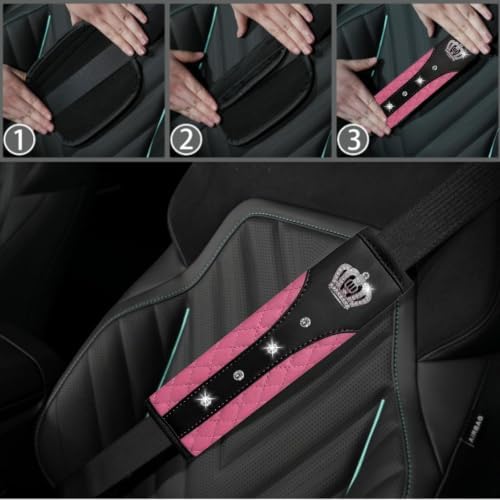 NBTEPEM 10 Pcs Bling Pink Car Floor Mats Set, Leather Pink Steering Wheel - Image 7