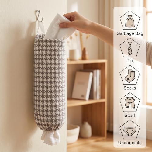Plastic Bag Holder, Wall Mount Grocery Bag Dispenser, Yarn-dyed Houndstooth - Image 4
