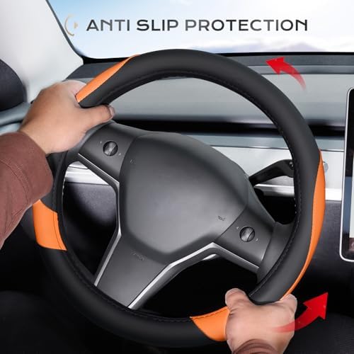 Coverado Car Steering Wheel Cover, Nappa Leather Black & Orange Steering Wheel - Image 3