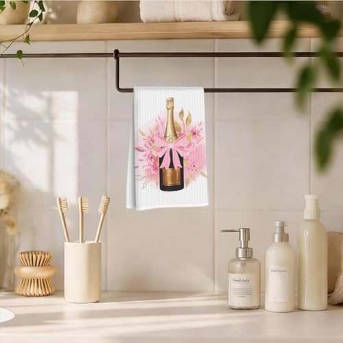 Elegant Champagne Bottle Kitchen Towels, Coquette Pink Bow Hand Towels - Image 4