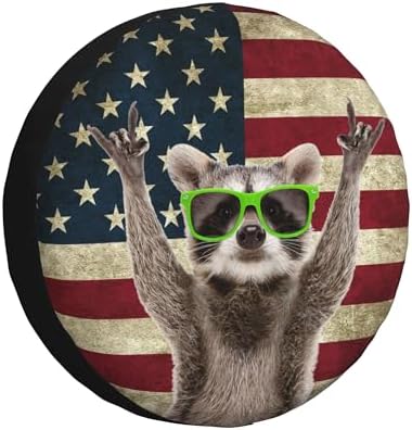 Spare Tire Cover for RV Camper Funny Cute Raccoon American Flag, Weatherproof by TGKBRMEA