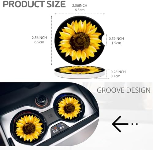 Cup Holder for Car, Elegant Sunflower Close-Up Print Ceramic Coasters Non-Slip - Image 3