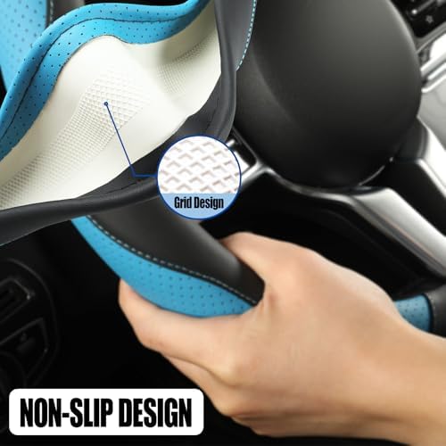 Black Blue Microfiber Leather Steering Wheel Cover 14 inch - Image 4