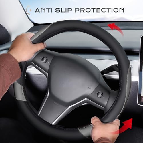 Coverado Car Steering Wheel Cover, Nappa Leather Black & Gray Steering Wheel - Image 3