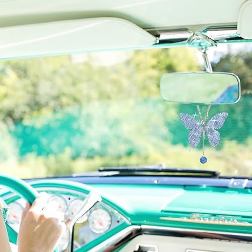 Rhinestone Butterfly Rearview Mirror Ornament, Light Blue - Image 4