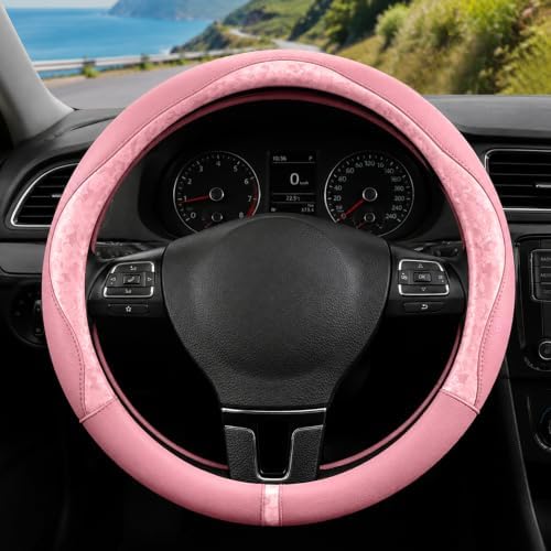 Pink Patterned Leather Patchwork Steering Wheel Cover, 14.5-15 Inch Universal by ExquisiteCarAccessories