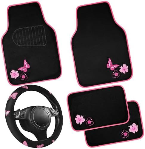 CAR PASS Embroidery Butterfly Steering Wheel Cover and Waterproof Car Floor Mats by CARPASS