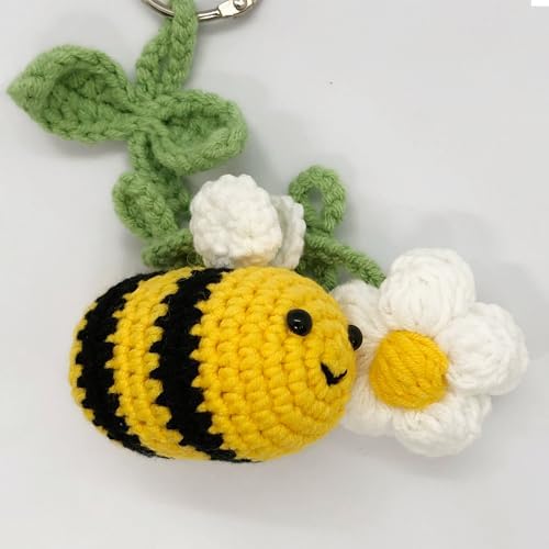 Cute Crochet Bee Daisy Rearview Mirror Hanging Car Accessories, Rear View - Image 4
