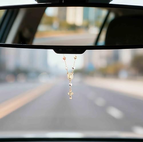 Gold Plated Beads Catholic Guadalupe Car Rearview Mirror Rosary - Image 3