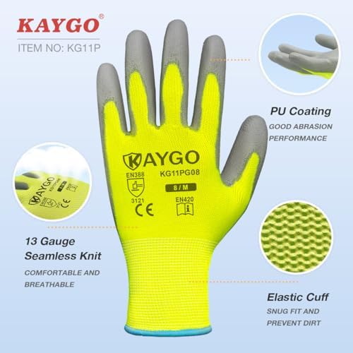 KAYGO Medium Green Safety Work Gloves, PU Coated, 12 Pairs - Image 2