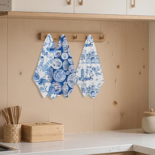 Blue Leaves 3 Pcs Artistic Bird Kitchen Towels Decorative Hand Towels - Image 3