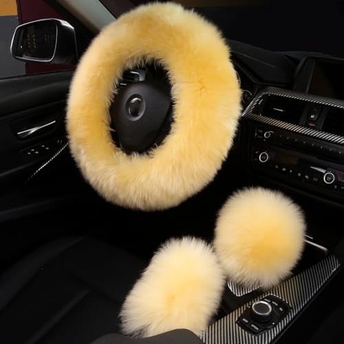3Pcs Set Fashion Fluffy Fuzzy Wool Fur Soft Car Steering Wheel Cover by AOGELAN