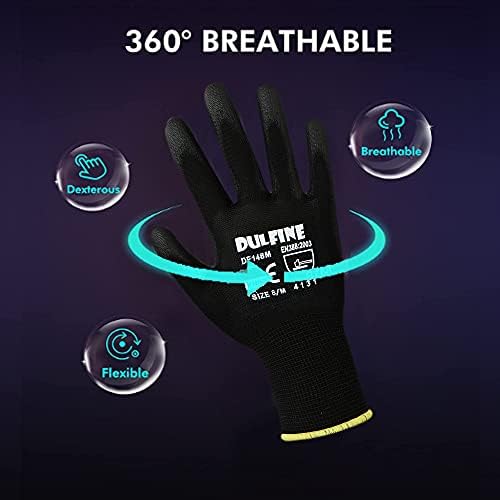 DULFINE Safety Work Gloves for Men 12 Pairs, Ultra-Thin PU Coated Black XS - Image 3