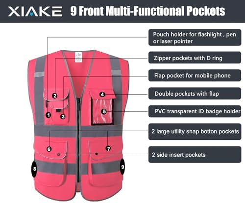 XIAKE 9 Pockets Class 2 High Visibility Reflective Safety Vest - Image 5