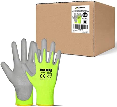 DULFINE Safety Work Gloves for Men 60 Pairs, Ultra-Thin PU Coated Yellow S by DULFINE