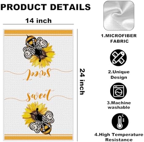 Sunflower Cute Bee Kitchen Towels 24x14 Inch, Rustic Bee Waffle Hand Towels - Image 2