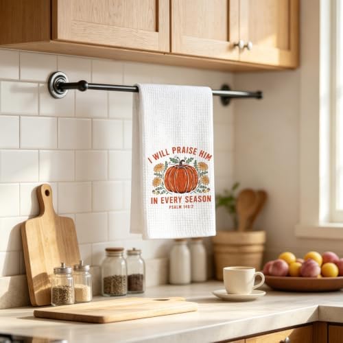 Christian Thanksgiving Kitchen Towel, Fall Pumpkin Bible Verse Dish Towel - Image 2