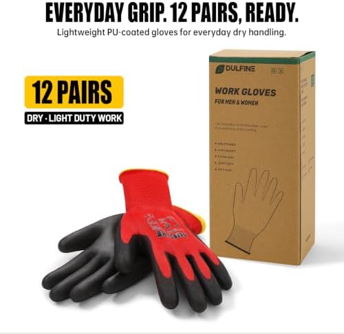 DULFINE Safety Work Gloves for Men & Women 12 Pairs, PU Coated Red XL - Image 4
