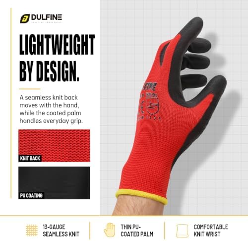 DULFINE Safety Work Gloves for Men & Women 12 Pairs, PU Coated Red XL - Image 2