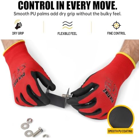 DULFINE Safety Work Gloves for Men 60 Pairs, Ultra-Thin PU Coated Red S - Image 3
