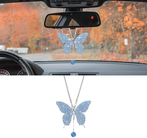 Rhinestone Butterfly Rearview Mirror Ornament, Light Blue by Unknown