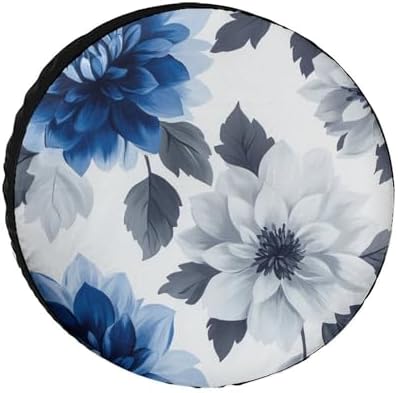 Spare Tire Cover 16inch Blue and Grey Dahlia Flower Wheel Protectors Tire by HighonHi