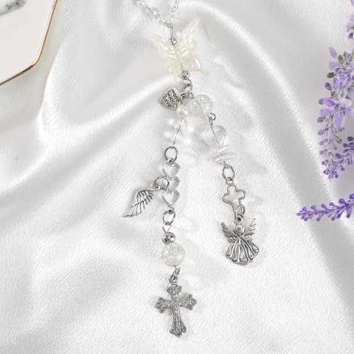 Angel Cross Rearview Mirror Charm Crystal Angel Wing Hanging Chain - Image 3