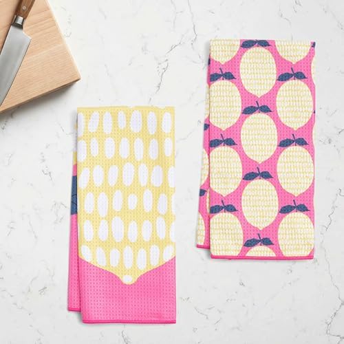 Ritz Waffle Microfiber Kitchen Towel 2pc Set – Lemons – Vibrant Pink & Yellow - Image 3