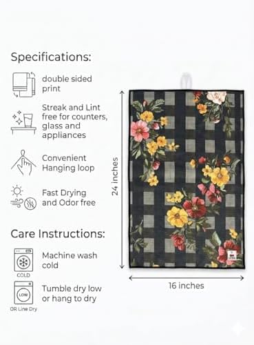 Cerise Black Floral Kitchen Towels, Waffle Weave Microfiber, 3 Pack - Image 2