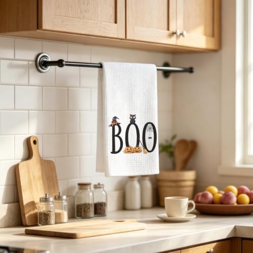 Fall Halloween Kitchen Towel, Boo Cat Pumpkin Gift Dish Towel - Image 2
