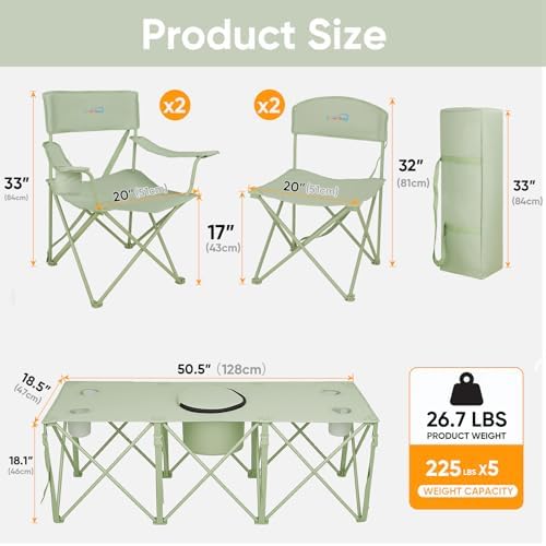 5 Pcs Camping Chair and Folding Camping Table Set, Outdoor Folding Picnic - Image 3