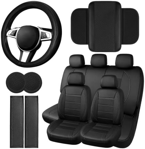 NBTEPEM 14 PCS Leather Car Seat Covers Full Set, 14.5”-15'' Sporty Steering by NBTEPEM