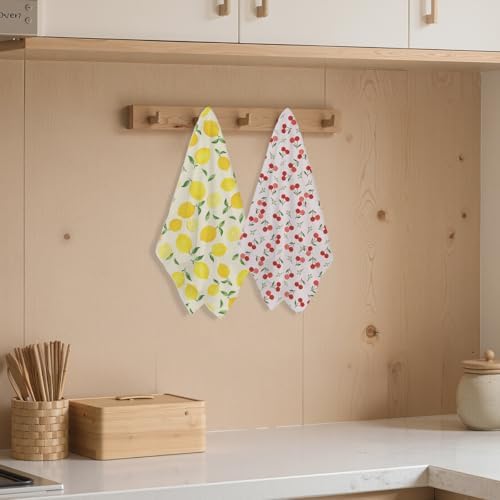 Blue Leaves 2 Pcs Cherry Lemon Decor Kitchen Towels Tea Towel - Image 3