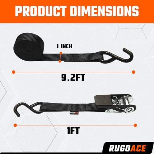 Ratchet Tie Down Straps 1in x 10ft 900 lbs Break Strength 8PK Black RUGOACE - Image 2