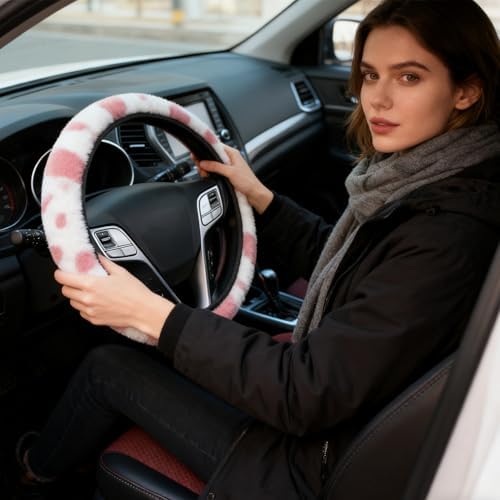 Pink Cow Print Fuzzy Steering Wheel Cover Universal-2PCS Car Coasters - Image 5