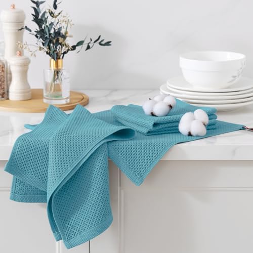 Kitinjoy 100% Cotton Waffle 6-Pack Kitchen Towels, Lake Blue - Image 3