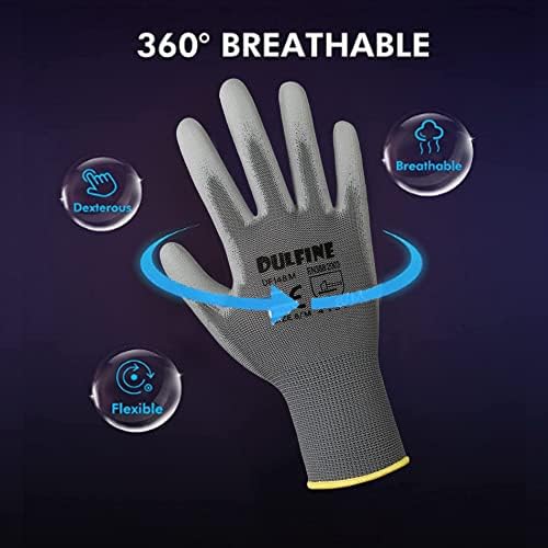 DULFINE Safety Work Gloves for Men & Women 12 Pairs, PU Coated Grey XXL - Image 2