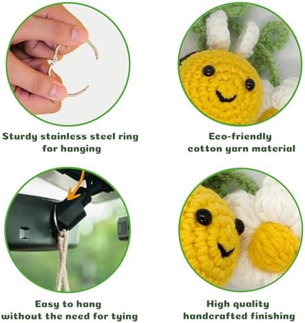 Cute Crochet Bee Daisy Rearview Mirror Hanging Car Accessories, Rear View - Image 5