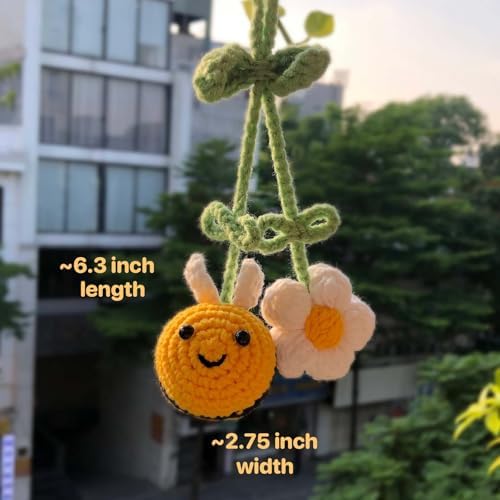 Cute Crochet Bee Daisy Rearview Mirror Hanging Car Accessories, Rear View - Image 2