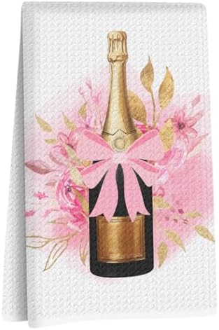 Elegant Champagne Bottle Kitchen Towels, Coquette Pink Bow Hand Towels by Unknown
