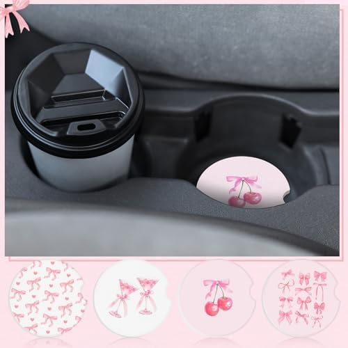 4 Pcs Pink Bow Car Coasters for Cup Holders, 2.56 Inch Absorbent Ceramic - Image 6